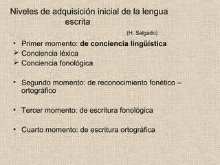 Niveles de adquisición inicial de la lengua
escrita
(H. Salgado)
• Primer momento: de conciencia lingüística
 Conciencia léxica
 Conciencia fonológica
• Segundo momento: de reconocimiento fonético –
ortográfico
• Tercer momento: de escritura fonológica
• Cuarto momento: de escritura ortográfica
 