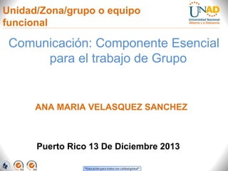 Unidad/Zona/grupo o equipo
funcional

Comunicación: Componente Esencial
para el trabajo de Grupo

ANA MARIA VELASQUEZ SANCHEZ

Puerto Rico 13 De Diciembre 2013

 