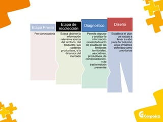 Establece el plan
de trabajo a
llevar a cabo
para dar solución
a las limitantes
definidas como
prioritarias
Diseño
Permite depurar
y analizar la
información
recolectada a fin
de establecer las
limitantes
territoriales,
asociativas,
productivas, de
comercialización,
y de
trasformación
presentes
Diagnostico
Busca obtener la
información
relevante acerca
del territorio, del
productor, sus
cadenas
productivas, y la
dinámica del
mercado
Etapa de
recolección
Pre-convocatoria
Etapa Previa
 