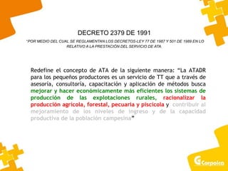 Redefine el concepto de ATA de la siguiente manera: “La ATADR
para los pequeños productores es un servicio de TT que a través de
asesoría, consultoría, capacitación y aplicación de métodos busca
mejorar y hacer económicamente más eficientes los sistemas de
producción de las explotaciones rurales, racionalizar la
producción agrícola, forestal, pecuaria y piscícola y contribuir al
mejoramiento de los niveles de ingreso y de la capacidad
productiva de la población campesina”
DECRETO 2379 DE 1991
“POR MEDIO DEL CUAL SE REGLAMENTAN LOS DECRETOS-LEY 77 DE 1987 Y 501 DE 1989 EN LO
RELATIVO A LA PRESTACIÓN DEL SERVICIO DE ATA.
 