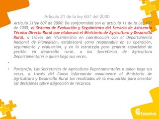 Articulo 21 de la ley 607 del 2000
• Artículo 21ley 607 de 2000: De conformidad con el artículo 11 de la Ley 607
de 2000, el Sistema de Evaluación y Seguimiento del Servicio de Asistencia
Técnica Directa Rural que elaborará el Ministerio de Agricultura y Desarrollo
Rural, a través del Viceministro en coordinación con el Departamento
Nacional de Planeación, establecerá como responsable en su operación,
seguimiento y evaluación, y en la estrategia para generar capacidad de
gestión en desarrollo rural, a las Secretarías de Agricultura
Departamentales o quien haga sus veces.
•
• Parágrafo. Las Secretarías de Agricultura Departamentales o quien haga sus
veces, a través del Consa informarán anualmente al Ministerio de
Agricultura y Desarrollo Rural los resultados de la evaluación para orientar
las decisiones sobre asignación de recursos.
 