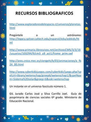 http://www.exploradoresdelespacio.cl/universo/planetas.
html
Pregúntele a un astrónomo:
http://legacy.spitzer.caltech.edu/espanol/edu/askkids/ht
ml
http://www.primaria.librosvivos.net/archivosCMS/3/3/16
/usuarios/103294/9/cm3_u9_act1/frame_prim.swf
http://ares.cnice.mec.es/ciengehi/b/03/animaciones/a_fb
24_00.html
http://www.cyberkidzjuegos.com/cyberkidz/juego.php?sp
elUrl=library/wetenschap/groep6/wetenschap1/&spelNaa
m=Sistema%20solar&groep=6&vak=wetenschap
Un instante en el universo fascículo número 1.
GIL Jurado Carlos José y Silva Carrillo Joel. Guía de
posprimaria de ciencias sociales 6º grado. Ministerio de
Educación Nacional.
RECURSOS BIBLIOGRAFICOS
 