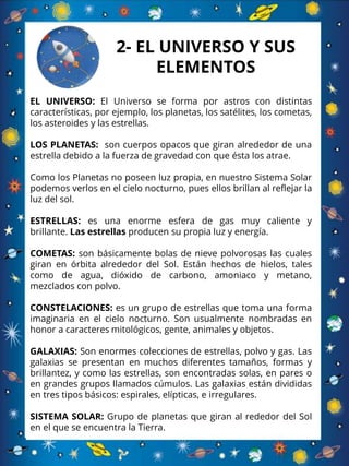 2- EL UNIVERSO Y SUS
ELEMENTOS
EL UNIVERSO: El Universo se forma por astros con distintas
características, por ejemplo, los planetas, los satélites, los cometas,
los asteroides y las estrellas.
LOS PLANETAS: son cuerpos opacos que giran alrededor de una
estrella debido a la fuerza de gravedad con que ésta los atrae.
Como los Planetas no poseen luz propia, en nuestro Sistema Solar
podemos verlos en el cielo nocturno, pues ellos brillan al reflejar la
luz del sol.
ESTRELLAS: es una enorme esfera de gas muy caliente y
brillante. Las estrellas producen su propia luz y energía.
COMETAS: son básicamente bolas de nieve polvorosas las cuales
giran en órbita alrededor del Sol. Están hechos de hielos, tales
como de agua, dióxido de carbono, amoniaco y metano,
mezclados con polvo.
CONSTELACIONES: es un grupo de estrellas que toma una forma
imaginaria en el cielo nocturno. Son usualmente nombradas en
honor a caracteres mitológicos, gente, animales y objetos.
GALAXIAS: Son enormes colecciones de estrellas, polvo y gas. Las
galaxias se presentan en muchos diferentes tamaños, formas y
brillantez, y como las estrellas, son encontradas solas, en pares o
en grandes grupos llamados cúmulos. Las galaxias están divididas
en tres tipos básicos: espirales, elípticas, e irregulares.
SISTEMA SOLAR: Grupo de planetas que giran al rededor del Sol
en el que se encuentra la Tierra.
 