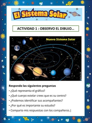 ACTIVIDAD 1 : OBSERVO EL DIBUJO…
Respondo las siguientes preguntas
• ¿Qué representa el gráfico?
• ¿Qué cuerpo estelar crees que es su centro?
• ¿Podemos identificar sus acompañantes?
• ¿Por qué es importante su estudio?
• Comparto mis respuestas con los compañeros.|
 
