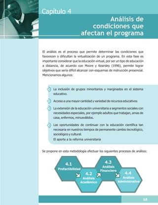 Capítulo 4
                                      Análisis de
                                 condiciones que
                             afectan el programa

El análisis es el proceso que permite determinar las condiciones que
favorecen o dificultan la virtualización de un programa. En esta fase es
importante considerar que la educación virtual, por ser un tipo de educación
a distancia, de acuerdo con Moore y Kearsley (1996), permite lograr
objetivos que sería difícil alcanzar con esquemas de instrucción presencial.
Mencionamos algunos:



        La inclusión de grupos minoritarios y marginados en el sistema
        educativo.

        Acceso a una mayor cantidad y variedad de recursos educativos

        La extensión de la educación universitaria a segmentos sociales con
        necesidades especiales, por ejemplo adultos que trabajan, amas de
        casa, enfermos, minusválidos.

        Las oportunidades de continuar con la educación científica tan
        necesaria en nuestros tiempos de permanente cambio tecnológico,
        sociológico y cultural.
        El aporte a la reforma universitaria


Se propone en esta metodología efectuar los siguientes procesos de análisis:



                 4.1                           4.3
                                            Análisis
           Prefactibilidad
                                           Financiero
                                4.2                          4.4
                             Análisis                     Análisis
                            Académico                   Administrativo




                                                                           68
 