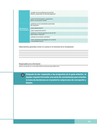 ¿Cuáles son los profesores que podrían
                      diseñar y desarrollar los AVA del programa?


                      ¿Qué nivel de formación y experiencia
                      tienen en educación virtual?

                      ¿Quiénes son los estudiantes potenciales
                      del programa?

NATURALEZA DE         ¿Qué edades tienen?
LOS ESTUDIANTES
                      ¿Qué ocupaciones tienen?
                      ¿Cuál es su nivel de cercanía al uso de TIC
                      (Informática e Internet)?
                      ¿Dónde se encuentran ubicados?

                      ¿Qué condiciones tecnológicas de conexión
                      y accesibilidad tienen?



Observaciones generales a tener en cuenta en el momento de la virtualización:




Responsable de la información:
Material suministrado por la Universidad Autónoma de Bucaramanga-UNAB Virtual




             Después de dar respuesta a las preguntas de la guía anterior, el
             equipo requiere formular una serie de conclusiones que orienten
             la toma de decisiones en el posterior subproceso de concepción y
             diseño.




                                                                                74
 