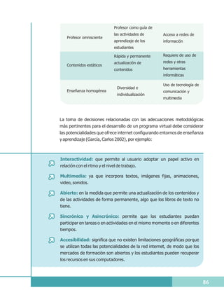 Profesor como guía de
                            las actividades de        Acceso a redes de
   Profesor omnisciente
                            aprendizaje de los        información
                            estudiantes

                            Rápida y permanente       Requiere de uso de
                            actualización de          redes y otras
   Contenidos estáticos
                            contenidos                herramientas
                                                      informáticas

                                                      Uso de tecnología de
                              Diversidad e
   Enseñanza homogénea                                comunicación y
                              individualización
                                                      multimedia




La toma de decisiones relacionadas con las adecuaciones metodológicas
más pertinentes para el desarrollo de un programa virtual debe considerar
las potencialidades que ofrece internet configurando entornos de enseñanza
y aprendizaje (García, Carlos 2002), por ejemplo:



Interactividad: que permite al usuario adoptar un papel activo en
relación con el ritmo y el nivel de trabajo.

Multimedia: ya que incorpora textos, imágenes fijas, animaciones,
video, sonidos.

Abierto: en la medida que permite una actualización de los contenidos y
de las actividades de forma permanente, algo que los libros de texto no
tiene.

Sincrónico y Asincrónico: permite que los estudiantes puedan
participar en tareas o en actividades en el mismo momento o en diferentes
tiempos.

Accesibilidad: significa que no existen limitaciones geográficas porque
se utilizan todas las potencialidades de la red internet, de modo que los
mercados de formación son abiertos y los estudiantes pueden recuperar
los recursos en sus computadores.




                                                                             86
 
