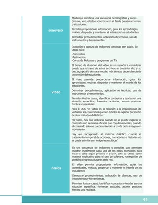 Medio que combina una secuencia de fotografías y audio
           (música, voz, efectos sonoros) con el fin de presentar temas
           o situaciones.
           Permiten proporcionar información, guiar los aprendizajes,
SONOVISO
           motivar, despertar y mantener el interés de los estudiantes.
           Demostrar procedimientos, aplicación de técnicas, uso de
           instrumentos y herramientas.

           Grabación o captura de imágenes contínuas con audio. Se
           utiliza para:
           -Entrevistas
           -Testimonios
           -Cortos de Películas o programas de T.V
           El tiempo de duración del video es un aspecto a considerar
           puesto que el peso de estos archivos es bastante alto y su
           descarga podría demorar mucho más tiempo, dependiendo de
           la conexión del estudiante.
           El video permite proporcionar información, guiar los
           aprendizajes, motivar, despertar y mantener el interés de los
           estudiantes.
           Demostrar procedimientos, aplicación de técnicas, uso de
 VIDEO     instrumentos y herramientas.
           Permiten ilustrar casos, identificar conceptos y teorías en una
           situación específica, fomentar actitudes, asumir posturas
           frente a una realidad.
           Para la UOC “el video es la solución a la imposibilidad de
           verbalizar los contenidos que son difíciles de explicar por medio
           de otros métodos didácticos.
           Por tanto, hay que utilizarlo cuando no se puede explicar el
           contenido con la misma eficacia que con otros medias, cuando
           el contenido sólo se puede entender a través de la imagen en
           movimiento.
           Hay que incorporarlo al material didáctico cuando el
           tratamiento temporal de acciones, narraciones o historias no
           se puede asimilar con imágenes estáticas”.

           Es una secuencia de imágenes o pantallas que permiten
           mostrar linealmente cada uno de los pasos esenciales para
           llevar a cabo algún proceso o acción. Este se utiliza como
           material explicativo para el uso de software, navegación de
           portales o ingreso a lugares en la red.
           El video permite proporcionar información, guiar los
 DEMOS     aprendizajes, motivar, despertar y mantener el interés de los
           estudiantes
           Demostrar procedimientos, aplicación de técnicas, uso de
           instrumentos y herramientas.
           Permiten ilustrar casos, identificar conceptos y teorías en una
           situación específica, fomentar actitudes, asumir posturas
           frente a una realidad.


                                                                               95
 