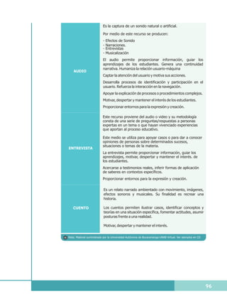 Es la captura de un sonido natural o artificial.

                           Por medio de este recurso se producen:
                           -   Efectos de Sonido
                           -   Narraciones.
                           -   Entrevistas
                           -   Musicalización
                           El audio permite proporcionar información, guiar los
                           aprendizajes de los estudiantes. Genera una continuidad
                           narrativa. Humaniza la relación usuario-máquina
    AUDIO
                           Captar la atención del usuario y motiva sus acciones.
                           Desarrolla procesos de identificación y participación en el
                           usuario. Refuerza la interacción en la navegación.
                           Apoyar la explicación de procesos o procedimientos complejos.
                           Motivar, despertar y mantener el interés de los estudiantes.
                           Proporcionar entornos para la expresión y creación.

                          Este recurso proviene del audio o video y su metodología
                          consta de una serie de preguntas/respuestas a personas
                          expertas en un tema o que hayan vivenciado experiencias
                          que aportan al proceso educativo.

                          Este medio se utiliza para apoyar casos o para dar a conocer
                          opiniones de personas sobre determinados sucesos,
                          situaciones o temas de la materia.
ENTREVISTA
                          La entrevista permite proporcionar información, guiar los
                          aprendizajes, motivar, despertar y mantener el interés. de
                          los estudiantes.
                          Acercarse a testimonios reales, inferir formas de aplicación
                          de saberes en contextos específicos.
                          Proporcionar entornos para la expresión y creación.

                           Es un relato narrado ambientado con movimiento, imágenes,
                           efectos sonoros y musicales. Su finalidad es recrear una
                           historia.

   CUENTO                  Los cuentos permiten ilustrar casos, identificar conceptos y
                           teorías en una situación específica, fomentar actitudes, asumir
                           posturas frente a una realidad.

                           Motivar, despertar y mantener el interés.


Nota: Material suministrado por la Universidad Autónoma de Bucaramanga-UNAB Virtual. Ver ejemplos en CD




                                                                                                          96
 