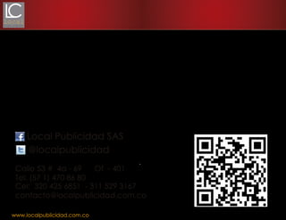 Posibilidad de cambiar la cara de UN JUGADOR por la cara de
UN AMIGO por medio de FACEBOOK en solo 3 SENCILLOS PASOS.
También puedes cambiar el nombre de la camiseta de
TU JUGAR FAVORITO por TU NOMBRE o por el de UN AMIGO
Y todo esto compartirlo en FACEBOOK instantáneamente.
Puedes compartir información importante del MUNDIAL como
JUGADORES, PARTIDOS, FECHAS, FOTOGRAFÍAS, VIDEOS ENTRE OTROS.

Local Publicidad SAS
@localpublicidad
Calle 53 # 4a - 69
Of - 401
Tel: (57 1) 470 86 80
Cel: 320 425 6851 - 311 529 3167
contacto@localpublicidad.com.co
www.localpublicidad.com.co

 