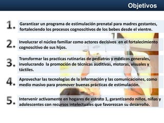 Objetivos
Garantizar un programa de estimulación prenatal para madres gestantes,
fortaleciendo los procesos cognoscitivos de los bebes desde el vientre.
Involucrar el núcleo familiar como actores decisivos en el fortalecimiento
cognoscitivo de sus hijos.
Transformar las practicas rutinarias de pediatras y médicos generales,
involucrando la promoción de técnicas auditivas, motoras, visuales y
táctiles.
Aprovechar las tecnologías de la información y las comunicaciones, como
medio masivo para promover buenas prácticas de estimulación.
Intervenir activamente en hogares de estrato 1, garantizando niños, niñas y
adolescentes con recursos intelectuales que favorezcan su desarrollo.
 