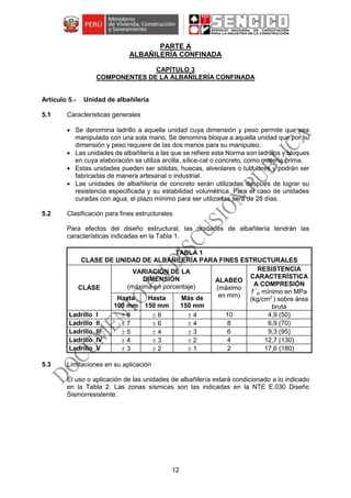 12
PARTE A
ALBAÑILERÍA CONFINADA
CAPÍTULO 3
COMPONENTES DE LA ALBAÑILERÍA CONFINADA
Unidad de albañilería
5.1 Características generales
 Se denomina ladrillo a aquella unidad cuya dimensión y peso permite que sea
manipulada con una sola mano. Se denomina bloque a aquella unidad que por su
dimensión y peso requiere de las dos manos para su manipuleo.
 Las unidades de albañilería a las que se refiere esta Norma son ladrillos y bloques
en cuya elaboración se utiliza arcilla, sílice-cal o concreto, como materia prima.
 Estas unidades pueden ser sólidas, huecas, alveolares o tubulares y podrán ser
fabricadas de manera artesanal o industrial.
 Las unidades de albañilería de concreto serán utilizadas después de lograr su
resistencia especificada y su estabilidad volumétrica. Para el caso de unidades
curadas con agua, el plazo mínimo para ser utilizadas será de 28 días.
5.2 Clasificación para fines estructurales
Para efectos del diseño estructural, las unidades de albañilería tendrán las
características indicadas en la Tabla 1.
TABLA 1
CLASE DE UNIDAD DE ALBAÑILERÍA PARA FINES ESTRUCTURALES
CLASE
VARIACIÓN DE LA
DIMENSIÓN
(máxima en porcentaje)
ALABEO
(máximo
en mm)
RESISTENCIA
CARACTERÍSTICA
A COMPRESIÓN
f ´b mínimo en MPa
(kg/cm2
) sobre área
bruta
Hasta
100 mm
Hasta
150 mm
Más de
150 mm
Ladrillo I  8  6  4 10 4,9 (50)
Ladrillo II  7  6  4 8 6,9 (70)
Ladrillo III  5  4  3 6 9,3 (95)
Ladrillo IV  4  3  2 4 12,7 (130)
Ladrillo V  3  2  1 2 17,6 (180)
5.3 Limitaciones en su aplicación
El uso o aplicación de las unidades de albañilería estará condicionado a lo indicado
en la Tabla 2. Las zonas sísmicas son las indicadas en la NTE E.030 Diseño
Sismorresistente.
 