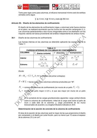 30
Tanto para vigas como para columnas, el refuerzo transversal mínimo será de estribos
cerrados como sigue:
[] ф 6 mm, 4 @ 10 mm y resto @ 250 mm
Diseño de los elementos de confinamiento
El diseño de los elementos de confinamiento (vigas y columnas) ante fuerza sísmica
en el plano, se realizará asumiendo que los muros son de sección rectangular (L.t).
Las columnas pertenecientes a dos muros ortogonales entre sí se diseñarán con los
mayores valores de fuerza proveniente del análisis independiente de ambos muros.
30.1 Diseño de las columnas de confinamiento
Las fuerzas internas en las columnas se obtendrán aplicando las expresiones de la
Tabla 11
TABLA 11
FUERZAS INTERNAS EN COLUMNAS DE CONFINAMIENTO
COLUMNA
cV (fuerza cortante) T (tracción) C (compresión)
Interior
)1(
.1
c
mm
NL
LV
cm P
L
h
V 1
L
hV
P m
c
2
.1

Extrema
)1(
.
5,1 1
c
mm
NL
LV
cPF  FPc 
Donde:
hVMM mu .21 11  (“h” es la altura del primer entrepiso).
LMF  = fuerza axial en las columnas extremas producidas por “M”.
cN = número de columnas de confinamiento (en muros de un paño 2cN )
mL longitud del paño mayor ó 0,5 L, lo que sea mayor (en muros de un paño
LLm  )
cP = es la sumatoria de las cargas gravitacionales siguientes: carga vertical directa
sobre la columna de confinamiento; mitad de la carga axial sobre el paño de
muro a cada lado de la columna; y, carga proveniente de los muros
transversales de acuerdo a su longitud tributaria indicada en 26.6.
Determinación de la sección de concreto de la columna de confinamiento
El área de la sección de las columnas será la mayor de las que proporcione el diseño
por compresión o el diseño por corte fricción, pero no menor que 15 veces el espesor
de la columna (15 t) en cm2
.
 