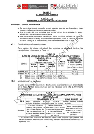 40
PARTE B
ALBAÑILERÍA ARMADA
CAPÍTULO 12
COMPONENTES DE LA ALBAÑILERÍA ARMADA
Unidad de albañilería
 Se denomina bloque a aquella unidad alveolar que por su dimensión y peso
requiere de las dos manos para su manipuleo.
 Los bloques a los que se refiere esta Norma utilizan en su elaboración arcilla,
sílice-cal o concreto, como materia prima.
 Las unidades de albañilería de concreto serán utilizadas después de lograr su
resistencia especificada y su estabilidad volumétrica. Para el caso de unidades
curadas con agua, el plazo mínimo para ser utilizadas será de 28 días.
45.1 Clasificación para fines estructurales
Para efectos del diseño estructural, las unidades de albañilería tendrán las
características indicadas en la Tabla 14.
TABLA 14
CLASE DE UNIDAD DE ALBAÑILERÍA PARA FINES ESTRUCTURALES
CLASE
VARIACIÓN DE LA
DIMENSIÓN
(máxima en porcentaje) ALABEO
(máximo
en mm)
RESISTENCIA
CARACTERÍSTICA
A COMPRESIÓN
mínimo en MPa
(kg/cm2
) sobre área
bruta
Hasta
100 mm
Hasta
150 mm
Más de
150 mm
Bloque P (1)
 4  3  2 4 4,9 (50)
Bloque NP (2)
 7  6  4 8 2,0 (20)
(1) Bloque usado en la construcción de muros portantes
(2) Bloque usado en la construcción de muros no portantes
45.2 Limitaciones en su aplicación
El uso o aplicación de las unidades de albañilería estará condicionado a lo indicado
en la Tabla 15. Las zonas sísmicas son las indicadas en la NTE E.030 Diseño
Sismorresistente.
TABLA 15
LIMITACIONES EN EL USO DE LA UNIDAD DE ALBAÑILERÍA PARA FINES
ESTRUCTURALES
TIPO
ZONA SÍSMICA 3 Y 4 ZONA SÍSMICA 1 y 2
Muro portante en
edificios de 4 pisos a más
Muro portante en
edificios de 1 a 3 pisos
Muro portante en todo
edificio
Alveolar
Celdas totalmente
rellenas con grout en los
dos primeros pisos. En
los pisos restantes de
acuerdo a lo indicado en
los planos.
Celdas totalmente
rellenas con grout en los
dos primeros pisos y en
el piso restante de
acuerdo a lo indicado en
los planos.
Celdas parcialmente
rellenas con grout de
acuerdo a lo indicado
en los planos del
proyecto.
*Las limitaciones indicadas establecen condiciones mínimas que pueden ser
exceptuadas con el respaldo de un informe y memoria de cálculo sustentada por un
ingeniero civil.
´
bf
 