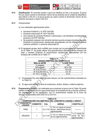 42
47.2 Clasificación. El concreto líquido o grout se clasifica en fino y en grueso. El grout
fino se usará cuando la dimensión menor de los alvéolos de la unidad de albañilería
sea inferior a 60 mm y el grout grueso se usará cuando la dimensión menor de los
alvéolos sea igual o mayor a 60 mm.
47.3 Componentes
a) Los materiales aglomerantes serán:
 Cemento Portland I y II, NTP 334.009
 Cemento Adicionado IP, NTP 334.830
 Una mezcla de cemento Pórtland o adicionado y cal hidratada normalizada de
acuerdo a la NTP 339.002
 Se aceptará cualquier otro cemento siempre que los ensayos de pilas y muretes
(Capítulo 5) proporcionen resistencias equivalentes con los obtenidos usando
cemento portland I o cemento adicionado IP.
b) El agregado grueso será confitillo que cumpla con la granulometría especificada
en la Tabla 17. Se podrá utilizar otra granulometría siempre que los ensayos de
pilas y muretes (Capítulo 5) proporcionen resistencias equivalentes con los
ensayos del confitillo de la Tabla 17.
TABLA 17
GRANULOMETRÍA DEL CONFITILLO
MALLA ASTM % QUE PASA
½ pulgada 100
3/8 pulgada 85 a 100
N° 4 (4,75 mm) 10 a 30
N° 8 (2,36 mm) 0 a 10
N° 16 (1,18 mm) 0 a 5
c) El agregado fino será arena gruesa natural, con las características indicadas en
la Tabla 16.
d) El agua será bebible y libre de sustancias, ácidos, álcalis y materia orgánica.
47.4 Preparación y fluidez. Los materiales que componen el grout (ver la Tabla 18) serán
batidos mecánicamente con agua hasta lograr la consistencia de un líquido uniforme,
sin segregación de los agregados, con un revenimiento medido en el Cono de
Abrams comprendido entre 225 mm a 275 mm.
TABLA 18
COMPOSICIÓN VOLUMÉTRICA DEL CONCRETO LIQUIDO o GROUT
CONCRETO
LÍQUIDO
CEMENTO CAL ARENA CONFITILLO
FINO 1 0 a 1/10
2 1/4 a 3 veces la suma
de los volúmenes de los
aglomerantes
----------
GRUESO 1 0 a 1/10
2 1/4 a 3 veces la suma
de los aglomerantes
1 a 2 veces la
suma de los
aglomerantes
 