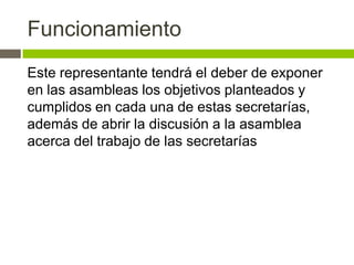 Funcionamiento
Este representante tendrá el deber de exponer
en las asambleas los objetivos planteados y
cumplidos en cada una de estas secretarías,
además de abrir la discusión a la asamblea
acerca del trabajo de las secretarías
 