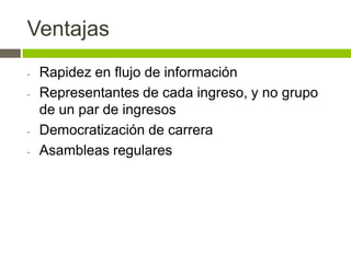 Ventajas
-   Rapidez en flujo de información
-   Representantes de cada ingreso, y no grupo
    de un par de ingresos
-   Democratización de carrera
-   Asambleas regulares
 