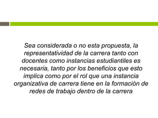 Sea considerada o no esta propuesta, la
    representatividad de la carrera tanto con
   docentes como instancias estudiantiles es
  necesaria, tanto por los beneficios que esto
   implica como por el rol que una instancia
organizativa de carrera tiene en la formación de
      redes de trabajo dentro de la carrera
 