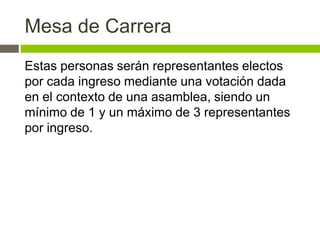 Mesa de Carrera
Estas personas serán representantes electos
por cada ingreso mediante una votación dada
en el contexto de una asamblea, siendo un
mínimo de 1 y un máximo de 3 representantes
por ingreso.
 