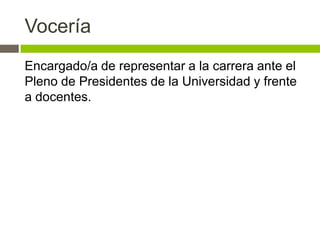 Vocería
Encargado/a de representar a la carrera ante el
Pleno de Presidentes de la Universidad y frente
a docentes.
 