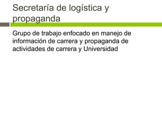 Secretaría de logística y
propaganda
Grupo de trabajo enfocado en manejo de
información de carrera y propaganda de
actividades de carrera y Universidad
 