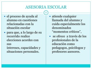 ASESORIA ESCOLAR
                               8
 el proceso de ayuda al            atiende cualquier
  alumno en cuestiones               llamada del alumno y
  relacionadas con la                cuida especialmente los
  situación escolar                  denominados
 para que, a lo largo de su         “momentos críticos”,
  recorrido realice                 se ofrece a través de los
  elecciones acordes con             profesionales de la
  sus                                educación como
  intereses, capacidades y           pedagogos, psicólogos y
  situaciones personales.            profesores asesores.
 
