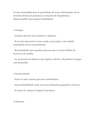 La más aconsejable para el aprendizaje de áreas relacionadas con la
atención directa de personas en situación de dependencia.
Imprescindible para mejorar habilidades.




• Ventajas

- Contacto directo entre profesor y alumnos.

- Es la más interactiva, lo que ayuda a una mejor y más rápida
asimilación de los conocimientos.

- Recomendable para aquellas personas que no tienen hábito de
lectura ni de estudio.

- La resolución de dudas es más rápida y efectiva. El profesor siempre
está disponible.




• Inconvenientes

- Suele ser más costosa que otras modalidades.

- Escasa flexibilidad: tiene una clara limitación geográfica y horaria.

- El ritmo de trabajo lo impone el profesor.




A distancia
 