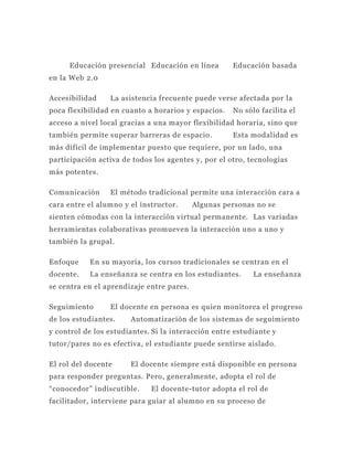 Educación presencial Educación en línea         Educación basada
en la Web 2.0

Accesibilidad    La asistencia frecuente puede verse afectada por la
poca flexibilidad en cuanto a horarios y espacios.   No sólo facilita el
acceso a nivel local gracias a una mayor flexibilidad horaria, sino que
también permite superar barreras de espacio .        Esta modalidad es
más difícil de implementar puesto que requiere, por un lado, una
participación activa de todos los agentes y, por el otro, tecnologías
más potentes.

Comunicación     El método tradicional permite una interacción cara a
cara entre el alumno y el instructor.      Algunas personas no se
sienten cómodas con la interacción virtual permanente. Las variadas
herramientas colaborativas promueven la interacción uno a uno y
también la grupal.

Enfoque    En su mayoría, los cursos tradicionales se centran en el
docente.   La enseñanza se centra en los estudiantes.      La enseñanza
se centra en el aprendizaje entre pares.

Seguimiento      El docente en persona es quien monitorea el progreso
de los estudiantes.    Automatización de los sistemas de seguimiento
y control de los estudiantes. Si la interacción entre estudiante y
tutor/pares no es efectiva, el estudiante puede sentirse aislado.

El rol del docente     El docente siempre está disponible en persona
para responder preguntas. Pero, generalmente, adopta el rol de
“conocedor” indiscutible.    El docente-tutor adopta el rol de
facilitador, interviene para guiar al alumno en su proceso de
 