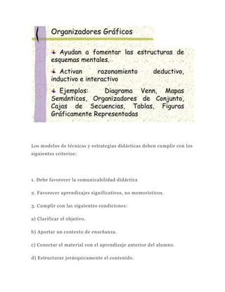 Los modelos de técnicas y estrategias didácticas deben cumplir con los
siguientes criterios:




1. Debe favorecer la comunicabilidad didáctica

2. Favorecer aprendizajes significativos, no memorísticos.

3. Cumplir con las siguientes condiciones:

a) Clarificar el objetivo.

b) Aportar un contexto de enseñanza.

c) Conectar el material con el aprendizaje anterior del alumno.

d) Estructurar jerárquicamente el contenido.
 