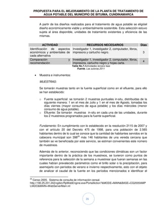 PROPUESTA PARA EL MEJORAMIENTO DE LA PLANTA DE TRATAMIENTO DE
AGUA POTABLE DEL MUNICIPIO DE BITUIMA, CUNDINAMARCA
26
A partir de los diseños realizados para el tratamiento de agua potable se eligióel
diseño económicamente viable y ambientalmente sostenible. Esta selección estuvo
sujeta al área disponible, unidades de tratamiento existentes y eficiencia de las
mismas.
Tabla No.7.Actividades tercera fase
Fuente. Las autoras.2011
Muestra e instrumentos:
MUESTRAS:
Se tomarán muestras tanto en la fuente superficial como en el efluente, para ello
se han establecido:
o Fuente superficial: se tomarán 2 muestras puntuales in-situ, distribuidas de la
siguiente manera: 1 en el mes de Julio y 1 en el mes de Agosto, tomadas los
días viernes (mayor consumo de agua potable) y los días miércoles (menor
consumo de agua potable).
o Efluente: Se tomarán muestras in-situ en cada una de las unidades, durante
los 2 muestreos programados para la fuente superficial.
Fundamento: En cumplimiento con lo establecido en la resolución 2115 de 2007 y
con el artículo 20 del Decreto 475 de 1998, para una población de 2.565
habitantes dentro de lo cual se conoce que la cantidad de habitantes servidos en la
cabecera municipal son 39829
más 146 habitantes de una vereda cercana que
también se ve beneficiada por este servicio, se estiman convenientes este número
de muestreos.
Además de lo anterior, reconociendo que las condiciones climáticas son un factor
importante dentro de la práctica de los muestreos, se tuvieron como puntos de
referencia para la selección de la semana a muestrear que fueran semanas en las
cuales habían prevalecido parámetros como el brillo solar o la precipitación, para
asemejarlo con períodos de verano e invierno respectivamente, esto con el objeto
de analizar el caudal de la fuente en los períodos mencionados e identificar el
29
Censo 2005. Sistema de consulta de información censal.
http://190.25.231.242/cgibin/RpWebEngine.exe/PortalAction?&MODE=MAIN&BASE=CG2005AMP
LIADO&MAIN=WebServerMain.inl
ACTIVIDAD RECURSOS NECESARIOS Días
Identificación de aspectos
económicos y ambientales de
cada alternativa
Investigador 1, investigador 2, computador, libros,
impresora y cartucho negro. 3
Comparación y
recomendación
Investigador 1, investigador 2, computador, libros,
impresora, cartucho negro y hojas carta.
4
 