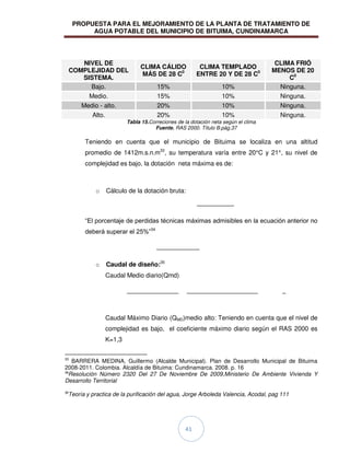 PROPUESTA PARA EL MEJORAMIENTO DE LA PLANTA DE TRATAMIENTO DE
AGUA POTABLE DEL MUNICIPIO DE BITUIMA, CUNDINAMARCA
41
NIVEL DE
COMPLEJIDAD DEL
SISTEMA.
CLIMA CÁLIDO
MÁS DE 28 C0
CLIMA TEMPLADO
ENTRE 20 Y DE 28 C0
CLIMA FRIÓ
MENOS DE 20
C0
Bajo. 15% 10% Ninguna.
Medio. 15% 10% Ninguna.
Medio - alto. 20% 10% Ninguna.
Alto. 20% 10% Ninguna.
Tabla 15.Correciones de la dotación neta según el clima
Fuente. RAS 2000. Título B.pág.37
Teniendo en cuenta que el municipio de Bituima se localiza en una altitud
promedio de 1412m.s.n.m33
, su temperatura varía entre 20°C y 21°, su nivel de
complejidad es bajo, la dotación neta máxima es de:
o Cálculo de la dotación bruta:
“El porcentaje de perdidas técnicas máximas admisibles en la ecuación anterior no
deberá superar el 25%”34
o Caudal de diseño:35
Caudal Medio diario(Qmd)
Caudal Máximo Diario (QMD)medio alto: Teniendo en cuenta que el nivel de
complejidad es bajo, el coeficiente máximo diario según el RAS 2000 es
K=1,3
33
BARRERA MEDINA, Guillermo (Alcalde Municipal). Plan de Desarrollo Municipal de Bituima
2008-2011. Colombia. Alcaldía de Bituima: Cundinamarca. 2008. p. 16
34
Resolución Número 2320 Del 27 De Noviembre De 2009,Ministerio De Ambiente Vivienda Y
Desarrollo Territorial
35
Teoría y practica de la purificación del agua, Jorge Arboleda Valencia, Acodal, pag 111
 