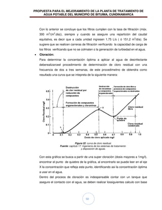 PROPUESTA PARA EL MEJORAMIENTO DE LA PLANTA DE TRATAMIENTO DE
AGUA POTABLE DEL MUNICIPIO DE BITUIMA, CUNDINAMARCA
50
Con lo anterior se concluye que los filtros cumplen con la tasa de filtración (máx.
300 m3
/(m2
.dia)), siempre y cuando se asegure una repartición del caudal
equitativa, es decir que a cada unidad ingresen 1,75 L/s ( ó 151,2 m3
/día). Se
sugiere que se realicen carreras de filtración verificando la capacidad de carga de
los filtros verificando que no se colmaten o la generación de turbiedad en el agua.
Cloración:
Para determinar la concentación óptima a aplicar al agua de desinfectante
deberealizarceel procedimiento de determinación de cloro residual con una
frecuencia de dos a tres semanas, de este procedimeitno de obtendra como
resultado una curva que se intepreta de la siguiente manera:
Figura 22: curva de cloro residual.
Fuente: capítulo 17. Ingeniería de los sistemas de tratamiento
y disposición de aguas.
Con esta gráfica se busca a partir de una super cloración (dosis mayores a 1mg/l),
encontrar el punto de quiebre de la gráfica, al encontrarlo se puede leer en el eje
X la concentración que refleja este punto, identificando asi la concentración óptima
a usar en el agua.
Dentro del proceos de cloración es indespensable contar con un tanque que
asegure el contacto con el agua, se deben realizar lossiguientes calculo con base
 