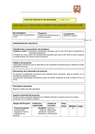 FICHA DE PROYECTO DE INVERSIÓN Código: 016-L
Nombre del Proyecto: “HABILITACIÓN DE TERRENOS PARA EQUIPAMIENTO DE EDUCACIÓN”
Eje estratégico:
Infraestructura y equipamiento
social
Programa:
Programa de Infraestructura y
servicio educativo.
Localización:
DISTRITO LIRCAY
Página | 136
DESCRIPCIÓN DEL PROYECTO:
Identificación y presentación del problema:
Problema central: Insuficientes equipamiento educativo para el año 2018 para el desarrollo las
actividades educativas.
El Distrito de Lircay cuenta con infraestructura educativa pero para el año 2018 se hace necesario
la implementación de nuevos centros educativos.
Objetivo del proyecto:
Adecuadas condiciones para el desarrollo de las actividades educativas para la población escolar
del distrito de Lircay.
Descripción de la alternativa de solución:
Se requiere la habilitación de terrenos para infraestructuras educativas, dada el aumento de la
cantidad de población de Distrito
Las personas beneficiadas directamente serán los 28,552 habitantes de todo el Distrito (Proy. Al
2018)
Resultados esperados:
Mejorar la calida educativa del Distrito.
Impacto ambiental del proyecto:
No tiene impacto ambiental significativo en el Medio Ambiente, el impacto menor en la etapa
constructiva es controlado y mitigado
Etapas del Proyecto Institución
responsable
Costos de
inversión
Plazo
Corto Mediano Largo
- Proyecto finalizado
- Estudio (Perfil)
- Expediente Técnico
- Habilitación de
terrenos
329,000.00
9,000.00
20,000.00
300,000.00
Dirección
Regional de
Educación
Huancavelica
X
 