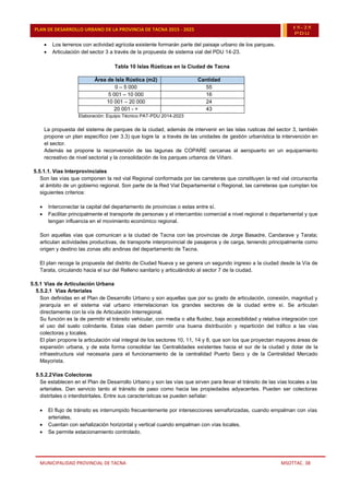MUNICIPALIDAD PROVINCIAL DE TACNA MSOTTAC. 38
PLAN DE DESARROLLO URBANO DE LA PROVINCIA DE TACNA 2015 - 2025 15-25
PDU
 Los terrenos con actividad agrícola existente formarán parte del paisaje urbano de los parques.
 Articulación del sector 3 a través de la propuesta de sistema vial del PDU 14-23.
Tabla 10 Islas Rústicas en la Ciudad de Tacna
Área de Isla Rústica (m2) Cantidad
0 – 5 000 55
5 001 – 10 000 16
10 001 – 20 000 24
20 001 - + 43
Elaboración: Equipo Técnico PAT-PDU 2014-2023
La propuesta del sistema de parques de la ciudad, además de intervenir en las islas rusticas del sector 3, también
propone un plan específico (ver 3.3) que logre la a través de las unidades de gestión urbanística la intervención en
el sector.
Además se propone la reconversión de las lagunas de COPARE cercanas al aeropuerto en un equipamiento
recreativo de nivel sectorial y la consolidación de los parques urbanos de Viñani.
5.5.1.1. Vías Interprovinciales
Son las vías que componen la red vial Regional conformada por las carreteras que constituyen la red vial circunscrita
al ámbito de un gobierno regional. Son parte de la Red Vial Departamental o Regional, las carreteras que cumplan los
siguientes criterios:
 Interconectar la capital del departamento de provincias o estas entre sí.
 Facilitar principalmente el transporte de personas y el intercambio comercial a nivel regional o departamental y que
tengan influencia en el movimiento económico regional.
Son aquellas vías que comunican a la ciudad de Tacna con las provincias de Jorge Basadre, Candarave y Tarata;
articulan actividades productivas, de transporte interprovincial de pasajeros y de carga, teniendo principalmente como
origen y destino las zonas alto andinas del departamento de Tacna.
El plan recoge la propuesta del distrito de Ciudad Nueva y se genera un segundo ingreso a la ciudad desde la Vía de
Tarata, circulando hacia el sur del Relleno sanitario y articulándolo al sector 7 de la ciudad.
5.5.1 Vías de Articulación Urbana
5.5.2.1 Vías Arteriales
Son definidas en el Plan de Desarrollo Urbano y son aquellas que por su grado de articulación, conexión, magnitud y
jerarquía en el sistema vial urbano interrelacionan los grandes sectores de la ciudad entre sí. Se articulan
directamente con la vía de Articulación Interregional.
Su función es la de permitir el tránsito vehicular, con media o alta fluidez, baja accesibilidad y relativa integración con
el uso del suelo colindante. Estas vías deben permitir una buena distribución y repartición del tráfico a las vías
colectoras y locales.
El plan propone la articulación vial integral de los sectores 10, 11, 14 y 8, que son los que proyectan mayores áreas de
expansión urbana, y de esta forma consolidar las Centralidades existentes hacia el sur de la ciudad y dotar de la
infraestructura vial necesaria para el funcionamiento de la centralidad Puerto Seco y de la Centralidad Mercado
Mayorista.
5.5.2.2Vías Colectoras
Se establecen en el Plan de Desarrollo Urbano y son las vías que sirven para llevar el tránsito de las vías locales a las
arteriales. Dan servicio tanto al tránsito de paso como hacia las propiedades adyacentes. Pueden ser colectoras
distritales o interdistritales. Entre sus características se pueden señalar:
 El flujo de tránsito es interrumpido frecuentemente por intersecciones semaforizadas, cuando empalman con vías
arteriales.
 Cuentan con señalización horizontal y vertical cuando empalman con vías locales.
 Se permite estacionamiento controlado.
 