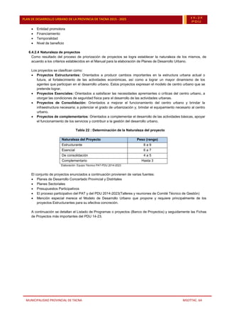 MUNICIPALIDAD PROVINCIAL DE TACNA MSOTTAC. 64
PLAN DE DESARROLLO URBANO DE LA PROVINCIA DE TACNA 2015 - 2025 15-25
PDU
 Entidad promotora
 Financiamiento
 Temporalidad
 Nivel de beneficio
6.4.2.4 Naturaleza de proyectos
Como resultado del proceso de priorización de proyectos se logra establecer la naturaleza de los mismos, de
acuerdo a los criterios establecidos en el Manual para la elaboración de Planes de Desarrollo Urbano.
Los proyectos se clasifican como:
 Proyectos Estructurantes: Orientados a producir cambios importantes en la estructura urbana actual o
futura, al fortalecimiento de las actividades económicas, así como a lograr un mayor dinamismo de los
agentes que participan en el desarrollo urbano. Estos proyectos expresan el modelo de centro urbano que se
pretende lograr.
 Proyectos Esenciales: Orientados a satisfacer las necesidades apremiantes o críticas del centro urbano, a
otorgar las condiciones de seguridad física para el desarrollo de las actividades urbanas.
 Proyectos de Consolidación: Orientados a mejorar el funcionamiento del centro urbano y brindar la
infraestructura necesaria; a potenciar el grado de urbanización y, brindar el equipamiento necesario al centro
urbano.
 Proyectos de complementarios: Orientados a complementar el desarrollo de las actividades básicas, apoyar
el funcionamiento de los servicios y contribuir a la gestión del desarrollo urbano.
Tabla 22 : Determinación de la Naturaleza del proyecto
Naturaleza del Proyecto Peso (rango)
Estructurante 8 a 9
Esencial 6 a 7
De consolidación 4 a 5
Complementario Hasta 3
Elaboración: Equipo Técnico PAT-PDU 2014-2023
El conjunto de proyectos enunciados a continuación provienen de varias fuentes:
 Planes de Desarrollo Concertado Provincial y Distritales
 Planes Sectoriales
 Presupuestos Participativos
 El proceso participativo del PAT y del PDU 2014-2023(Talleres y reuniones de Comité Técnico de Gestión)
 Mención especial merece el Modelo de Desarrollo Urbano que propone y requiere principalmente de los
proyectos Estructurantes para su efectiva concreción.
A continuación se detallan el Listado de Programas o proyectos (Banco de Proyectos) y seguidamente las Fichas
de Proyectos más importantes del PDU 14-23.
 