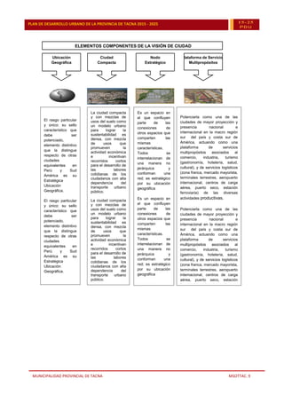 MUNICIPALIDAD PROVINCIAL DE TACNA MSOTTAC. 9
PLAN DE DESARROLLO URBANO DE LA PROVINCIA DE TACNA 2015 - 2025 15-25
PDU
El rasgo particular
y único: su sello
característico que
debe ser
potenciado,
elemento distintivo
que la distingue
respecto de otras
ciudades
equivalentes en
Perú y Sud
América es su
Estratégica
Ubicación
Geográfica.
El rasgo particular
y único: su sello
característico que
debe ser
potenciado,
elemento distintivo
que la distingue
respecto de otras
ciudades
equivalentes en
Perú y Sud
América es su
Estratégica
Ubicación
Geográfica.
La ciudad compacta
y con mezclas de
usos del suelo como
un modelo urbano
para lograr la
sustentabilidad es
densa, con mezcla
de usos que
promueven la
actividad económica
e incentivan
recorridos cortos
para el desarrollo de
las labores
cotidianas de los
ciudadanos con alta
dependencia del
transporte urbano
público.
La ciudad compacta
y con mezclas de
usos del suelo como
un modelo urbano
para lograr la
sustentabilidad es
densa, con mezcla
de usos que
promueven la
actividad económica
e incentivan
recorridos cortos
para el desarrollo de
las labores
cotidianas de los
ciudadanos con alta
dependencia del
transporte urbano
público.
Es un espacio en
el que confluyen
parte de las
conexiones de
otros espacios que
comparten las
mismas
características.
Todos se
interrelacionan de
una manera no
jerárquica y
conforman una
red; es estratégico
por su ubicación
geográfica
Es un espacio en
el que confluyen
parte de las
conexiones de
otros espacios que
comparten las
mismas
características.
Todos se
interrelacionan de
una manera no
jerárquica y
conforman una
red; es estratégico
por su ubicación
geográfica
Potenciarla como una de las
ciudades de mayor proyección y
presencia nacional e
internacional en la macro región
sur del país y costa sur de
América, actuando como una
plataforma de servicios
multipropósitos asociados al
comercio, industria, turismo
(gastronomía, hotelería, salud,
cultural), y de servicios logísticos
(zona franca, mercado mayorista,
terminales terrestres, aeropuerto
internacional, centros de carga
aérea, puerto seco, estación
ferroviaria) de las diversas
actividades productivas.
Potenciarla como una de las
ciudades de mayor proyección y
presencia nacional e
internacional en la macro región
sur del país y costa sur de
América, actuando como una
plataforma de servicios
multipropósitos asociados al
comercio, industria, turismo
(gastronomía, hotelería, salud,
cultural), y de servicios logísticos
(zona franca, mercado mayorista,
terminales terrestres, aeropuerto
internacional, centros de carga
aérea, puerto seco, estación
ferroviaria) de las diversas
actividades productivas.
ELEMENTOS COMPONENTES DE LA VISIÓN DE CIUDAD
ELEMENTOS COMPONENTES DE LA VISIÓN DE CIUDAD
Ciudad
Compacta
Ciudad
Compacta
Plataforma de Servicios
Multipropósitos
Plataforma de Servicios
Multipropósitos
Ubicación
Geográfica
Ubicación
Geográfica
Nodo
Estratégico
Nodo
Estratégico
 