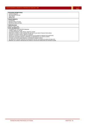 MUNICIPALIDAD PROVINCIAL DE TACNA MSOTTAC. 93
PLAN DE DESARROLLO URBANO DE LA PROVINCIA DE TACNA 2015 - 2025
15-25
PDU
ENTIDADES PROMOTORAS
. Gobierno Regional
. Municipalidad Provincial
. Zofra Tacna
. MINCETUR
FINANCIAMIENTO:
.Concesiones
.Alianzas Publico Privadas
.Operadores público-privado
TEMPORALIDAD
Mediano y largo plazo
NIVEL DE BENEFICIO:
. La población de Tacna 285,000 habitantes
. La Macro-región sur de país.
. Los países fronterizos: Chile, Bolivia, Argentina y Brasil.
. Parte de los 10,000 a 15,000 visitantes de, país del sur que viene a Tacna en forma diaria.
. Dinamizar el comercio exterior regional y fronterizo
. Generar un conjunto e inversiones que se generan por la puesta en operación del puerto seco.
. Generación de empleos directos e indirectos con especialización en comercio exterior.
. Fomentar los servicios especializados y orientados al comercio exterior
. De obtenerse el Decreto Supremos de exoneración del SNIP se acortaría los plazos de ejecución.
. Mediante una Licitación Internacional se contaría el concurso de instituciones de renombre mundial
 