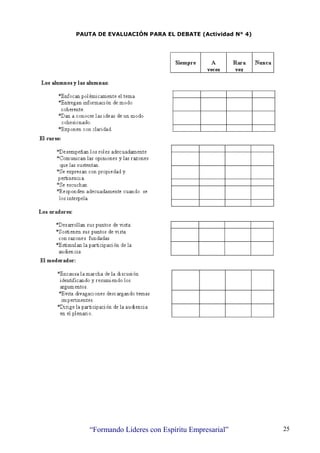 “Formando Lideres con Espíritu Empresarial” 25
PAUTA DE EVALUACIÓN PARA EL DEBATE (Actividad N° 4)
 