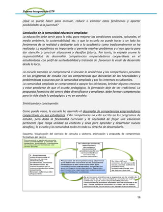 Sistema Integrado de EITP
16
¿Qué se puede hacer para atenuar, reducir o eliminar estos fenómenos y aportar
posibilidades a la juventud?
Conclusión de la comunidad educativa ampliada:
La educación debe servir para la vida, para mejorar las condiciones sociales, culturales, el
medio ambiente, la sustentabilidad, etc. y que la escuela no puede hacer a un lado los
fenómenos de la realidad y dedicarse solo a lo académico como tradicionalmente se ha
realizado. Lo académico es importante si permite resolver problemas y si nos aporta para
dar atención o construir situaciones y desafíos futuros. Por tanto, la escuela asume la
responsabilidad de desarrollar competencias emprendedoras cooperativas en el
estudiantado, con perfil de sustentabilidad y tratando de favorecer la visión de desarrollo
desde lo local.
La escuela también se comprometió a vincular lo académico y las competencias previstas
en los programas de estudio con las competencias que derivarían de las necesidades y
problemáticas expuestas por la comunidad ampliada y por los intereses estudiantiles.
La comunidad ampliada se comprometió a apoyar las iniciativas, brindar algunos recursos
y estar pendiente de que el asunto pedagógico, la formación deje de ser tradicional. La
propuesta formativa del centro debe diversificarse y ampliarse, debe formar competencias
para la vida desde lo pedagógico y no en paralelo.
Sintetizando y concluyendo:
Como puede verse, la escuela ha asumido el desarrollo de competencias emprendedoras
cooperativas en sus estudiantes. Esta competencia no está escrita en los programas de
estudio, pero dada la flexibilidad curricular y la necesidad de forjar una educación
pertinente (que tenga utilidad en contexto y sirva para aprender y desarrollar nuevos
desafíos), la escuela y la comunidad están en todo su derecho de desarrollarla.
Esquema. Visualización del ejercicio de consulta a sectores, priorización y propuesta de compromisos
formativos del centro.
 