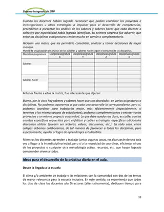Sistema Integrado de EITP
33
Cuando los docentes habían logrado reconocer que podían coordinar los proyectos e
investigaciones u otras estrategias a impulsar para el desarrollo de competencias,
procedieron a presentar los análisis de los saberes y saberes hacer que cada docente o
colectivo por especialidad había logrado identificar. Su primera sorpresa fue advertir, que
entre las disciplinas o asignaturas tenían mucho en común o complementario.
Hicieron una matriz que les permitiría consolidar, analizar y tomar decisiones de mejor
manera.
Matriz de visualización de análisis de los saberes y saberes hacer según el conjunto de las disciplinas.
Disciplina/asignatura Disciplina/asignatura
X
Disciplina/asignatura
Y
Disciplina/asignatura
Z
Disciplina/asignatura
N
Saberes
Saberes hacer
Al tener frente a ellos la matriz, fue interesante que dijeran:
Bueno, por lo visto hay saberes y saberes hacer que son abordados en varias asignaturas o
disciplinas. No podemos oponernos a que cada uno desarrolle lo correspondiente, pero sí,
podemos coordinar para trabajarlos mejor, más eficientemente (especialmente, si
tenemos a los mismos grupos de estudiantes); podemos complementarnos o extraer varios
provechos a un mismo proyecto o actividad. Lo que debe quedarnos claro, es cuáles son los
asuntos específicos requeridos para enfatizar y cuáles estrategias específicas adicionales
deseamos utilizar (pueden ser lecturas, videos, discusiones, etc.). En todo caso, entre
colegas debemos colaborarnos, de tal manera de favorecer a todas las disciplinas, pero
especialmente, ayudar al logro de aprendizajes estudiantiles.
Mientras los docentes aprenden a trabajar juntos algunas cosas, no alcanzarán de una sola
vez a llegar a la interdisciplinariedad, pero sí a la necesidad de coordinar, eficientar el uso
de los proyectos o cualquier otra metodología activa, recursos, etc. que hayan logrado
comprender sirven a todos.
Ideas para el desarrollo de la práctica diaria en el aula.
Desde la llegada a la escuela
El clima y/o ambiente de trabajo y las relaciones con la comunidad son dos de los temas
de mayor relevancia para la escuela inclusiva. En este sentido, se recomienda que todos
los días de clase los docentes y/o Directores (alternativamente), dediquen tiempo para
 