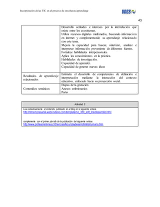 43 
Incorporación de las TIC en el proceso de enseñanza-aprendizaje 
Desarrolla actitudes e intereses por la interrelación que 
existe entre los ecosistemas. 
Utiliza recursos digitales multimedia, buscando informac ión 
en internet y complementando su aprendizaje relacionado 
con este tema. 
Mejora la capacidad para buscar, sintetizar, analizar e 
interpretar información proveniente de diferentes fuentes. 
Fortalece habilidades interpersonales. 
Aplica los conocimientos en la práctica. 
Habilidades de investigación. 
Capacidad de aprender. 
Capacidad de generar nuevas ideas 
Resultados de aprendizaje 
relacionados 
Estimula el desarrollo de competencias de definición e 
interpretación mediante la interacción del contexto 
educativo, enfocado hacia su proyección social. 
Contenidos temáticos 
Etapas de la gestación 
Anexos embrionarios 
Parto 
Actividad 3: 
Lea cuidadosamente el contenido publicado en el blog en el siguiente enlace 
http://ntmempresarial.webcindario.com/templatemo_350_soft_link/desarrollo.html 
complemente con el primer párrafo de la publicación del siguiente enlace 
http://www.profesorenlinea.cl/Ciencias/fecundaydesarrollofetohumano.htm 
 