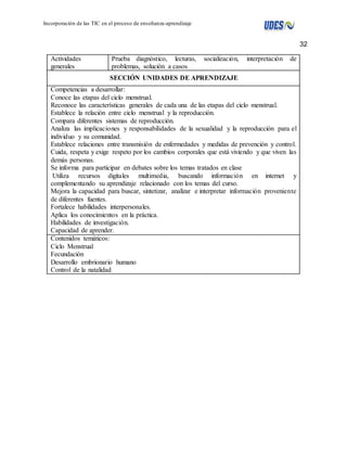 32 
Incorporación de las TIC en el proceso de enseñanza-aprendizaje 
Actividades 
generales 
Prueba diagnóstico, lecturas, socialización, interpretación de 
problemas, solución a casos 
SECCIÓN UNIDADES DE APRENDIZAJE 
Competencias a desarrollar: 
Conoce las etapas del ciclo menstrual. 
Reconoce las características generales de cada una de las etapas del ciclo menstrual. 
Establece la relación entre ciclo menstrual y la reproducción. 
Compara diferentes sistemas de reproducción. 
Analiza las implicaciones y responsabilidades de la sexualidad y la reproducción para el 
individuo y su comunidad. 
Establece relaciones entre transmisión de enfermedades y medidas de prevención y control. 
Cuida, respeta y exige respeto por los cambios corporales que está viviendo y que viven las 
demás personas. 
Se informa para participar en debates sobre los temas tratados en clase 
Utiliza recursos digitales multimedia, buscando información en internet y 
complementando su aprendizaje relacionado con los temas del curso. 
Mejora la capacidad para buscar, sintetizar, analizar e interpretar información proveniente 
de diferentes fuentes. 
Fortalece habilidades interpersonales. 
Aplica los conocimientos en la práctica. 
Habilidades de investigación. 
Capacidad de aprender. 
Contenidos temáticos: 
Ciclo Menstrual 
Fecundación 
Desarrollo embrionario humano 
Control de la natalidad 
 