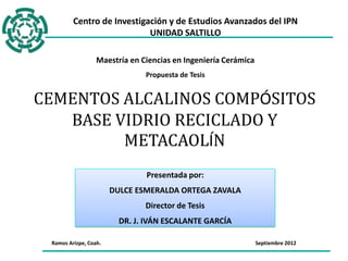 Centro de Investigación y de Estudios Avanzados del IPN
                                    UNIDAD SALTILLO

                          Maestría en Ciencias en Ingeniería Cerámica
                                       Propuesta de Tesis


    CEMENTOS ALCALINOS COMPÓSITOS
       BASE VIDRIO RECICLADO Y
             METACAOLÍN
                                       Presentada por:
                               DULCE ESMERALDA ORTEGA ZAVALA
                                       Director de Tesis
                                 DR. J. IVÁN ESCALANTE GARCÍA

         Ramos Arizpe, Coah.                                            Septiembre 2012
Ramos Arizpe, Coahuila                                                     6-septiembre-2012
 
