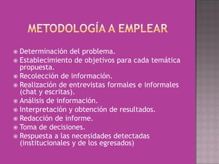  Determinación del problema.
 Establecimiento de objetivos para cada temática
  propuesta.
 Recolección de información.
 Realización de entrevistas formales e informales
  (chat y escritas).
 Análisis de información.
 Interpretación y obtención de resultados.
 Redacción de informe.
 Toma de decisiones.
 Respuesta a las necesidades detectadas
  (institucionales y de los egresados)
 