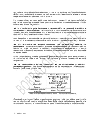 con título de doctorado conforme al artículo 121 de la Ley Orgánica de Educación Superior
(PhD o su equivalente), la remuneración será como mínimo la equivalente a la de la escala
del personal académico principal, nivel 1, grado 7.

Las universidades y escuelas politécnicas particulares, observando las normas del Código
del Trabajo, fijarán las remuneraciones para los profesores no titulares conforme las normas
establecidos en este Reglamento.

Art. 49.- Ponderación para determinar la remuneración del personal académico a
medio tiempo y tiempo parcial.- Para determinar la remuneración del personal académico
a medio tiempo se multiplicará por 0.50 la remuneración de la escala remunerativa para la
dedicación a tiempo completo correspondiente.

Para determinar la remuneración del personal académico a tiempo parcial, la multiplicación
se hará por el factor correspondiente de acuerdo al número de horas de dedicación semanal.

Art. 50.- Honorarios del personal académico que no está bajo relación de
dependencia.- El personal académico ocasional y honorario podrá ser contratado bajo las
normas del Código Civil, cuando el servicio no sea bajo relación de dependencia. El tiempo
máximo que un miembro del personal académico puede ser contratado bajo esta modalidad
es de tres meses.

En las universidades y escuelas politécnicas públicas los honorarios serán mensualizados y
se calcularán en base a las escalas remunerativas y normas establecidas en este
Reglamento.

Art. 51.- Remuneración de las autoridades de las universidades y escuelas
politécnicas públicas.- Las escalas remunerativas de las autoridades de universidades y
escuelas politécnicas públicas son:


                                                     Escala Remunerativa
                            Autoridad              Universidades o Escuelas
                                                    Politécnicas (Máximo)
                               Rector                  Ministro- grado 8*
                                                    Subsecretario General -
                            Vicerrector
                                                            grado 7*
                           Decano                      Asesor 2- grado 5*
                      Subdecano o similar
                                                         Asesor 3- grado 4*
                          jerarquía
                     *Escala de remuneraciones del sector público y del nivel jerárquico superior



Cuando el cargo de autoridad de una universidad o escuela politécnica pública sea ocupado
por un miembro del personal académico titular de la misma institución que perciba una
remuneración superior a la establecida para el cargo de autoridad, ésta no será disminuida.




16 - agosto - 2012
 