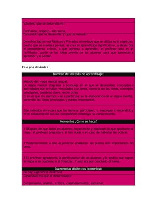 Valor(es) que se desarrolla(n):
Confianza, respeto, tolerancia,
Contenido que se desarrolla y tipo de método:
Derechos Subjetivos Públicos y Privados, el método que se utiliza es el cognitivo,
puesto que se enseña a pensar, se crea un aprendizaje significativo, se desarrolla
el pensamiento crítico, a que aprenda a aprender, el profesor solo es un
facilitador, parte de las ideas previas de los alumnos para que aprendan a
aprender y a pensar.
Fase pos dinámica:
Nombre del método de aprendizaje:
Método del mapa mental grupal.
Un mapa mental diagrama o bosquejo en el que se desarrollan conceptos o
actividades que se hallan vinculados a un tema, como lo son las ideas, conceptos
principales, palabras clave, entre otras.
Es en el que los alumnos van a participar en la elaboración de un mapa mental,
poniendo las ideas principales y puntos importantes.
Este métodos sirve para que los alumnos participen, y expongan lo entendido y
el en colaboración con sus compañeros construya su conocimiento.
Momentos ¿Cómo se hace?
1°DEspues de que todos los alumnos hayan dicho y explicado lo que aportaron al
mapa, el profesor preguntara si hay dudas y en caso de haberlas las aclarar.
2°Posteriormente a esto el profesor resaltaran los puntos más importantes del
tema.
3°El profesor agradecerá la participación de los alumnos y le pedirá que copien
el mapa e su cuaderno y al finalizar. Y asid ara por concluido el tema.
Sugerencias didácticas (consejos):
No hay sugerencia didáctica
Capacidad(es) que se desarrolla(n):
Comprensión, análisis, crítica, cuestionamiento, escuchar.
 
