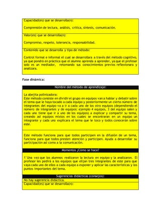 Capacidad(es) que se desarrolla(n):
Comprensión de lectura, análisis, crítica, síntesis, comunicación.
Valor(es) que se desarrolla(n):
Compromiso, respeto, tolerancia, responsabilidad.
Contenido que se desarrolla y tipo de método:
Control formal e informal el cual se desarrollara a través del método cognitivo,
ya que pondrá en práctica que el alumno aprenda a aprender, ya que el profesor
solo es un mediador, retomando sus conocimientos previos reflexionara y
analizara.
Fase dinámica:
Nombre del método de aprendizaje:
La abejita polinizadora:
Este método consiste en dividir el grupo en equipos van a hablar y debatir sobre
el tema que le haya tocado a cada equipo y posteriormente un cierto número de
integrantes del equipo va a ir a cada uno de los otro equipos (dependiendo el
número de integrantes y de equipos: ejemplo 4 equipos, 3 del equipo salen y
cada uno tiene que ir a uno de los equipos) a explicar y compartir su tema,
creando así equipos mixtos en los cuales se encontraran en un equipo un
integrante y cada uno explicara el tema que le toco y todos conocerán sobre
este.
Este método funciona para que todos participen en la difusión de un tema,
funciona para que todos presten atención y participen. Ayuda a desarrollar su
participación así como a la comunicación.
Momentos ¿Cómo se hace?
1°Una vez que los alumnos realizaron la lectura en equipo y la analizaron. El
profesor les pedirá a los equipos que elijan tres integrantes de este para que
vaya cada uno de ellos a cada equipo a exponer y aplicar las características y los
puntos importantes del tema.
Sugerencias didácticas (consejos):
No hay sugerencia didáctica.
Capacidad(es) que se desarrolla(n):
 
