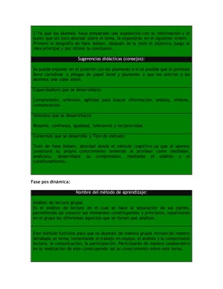 2°Ya que los alumnos haya preparado una exposición con su información y el
punto que les toco abordar sobre el tema, la expondrán en el siguiente orden:
Primero la biografía de Hans Kelsen, después de la tesis el objetivo, luego la
idea principal y por último la conclusión.
Sugerencias didácticas (consejos):
Se puede exponer en el pizarrón con los plumones o si es posible que el profesor
lleve cartulinas o pliegos de papel bond y plumones o que los solicite a los
alumnos una clase antes.
Capacidad(es) que se desarrolla(n):
Comprensión, reflexión, agilidad para buscar información, análisis, síntesis,
comunicación.
Valor(es) que se desarrolla(n):
Respeto, confianza, igualdad, tolerancia y reciprocidad.
Contenido que se desarrolla y Tipo de método:
Tesis de Hans Kelsen, abordad desde el método cognitivo ya que el alumno
construirá su propio conocimiento teniendo al profesor como mediador,
analizara, desarrollara su comprensión, mediante el análisis y el
cuestionamiento.
Fase pos dinámica:
Nombre del método de aprendizaje:
Análisis de lectura grupal.
Es el análisis de lectura en el cual se hace la separación de sus partes,
permitiendo así conocer sus elementos constituyentes y principios, repartiendo
en el grupo los diferentes aspectos que se tienen que analizar.
Este método funciona para que os alumnos de manera grupal revisen de manera
detallada un tema, fomentando el trabajo en equipo, el análisis y la comprensión
lectora, la comunicación, la participación. Participarán de manera colaborativa
en la realización de este construyendo así su conocimiento sobre este tema.
 