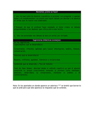Momentos ¿Cómo se hace?
1°Una vez que todos los alumnos expusieron el profesor va a preguntar si quedan
dudas y el complementara con puntos que hayan faltado por abordar o se adentra
en temas que no fueron muy analizados.
2°Despues de que el profesor haya repasado el tema creara un debate
preguntándoles a los alumnos que critica aria a esta teoría.
3.- Una vez terminado ese debate se dera en terma por revisado.
Sugerencias didácticas (consejos):
No hay sigerencias.
Capacidad(es) que se desarrolla(n):
Comprensión, reflexión, agilidad para buscar información, análisis, síntesis,
comunicación.
Valor(es) que se desarrolla(n):
Respeto, confianza, igualdad, tolerancia y reciprocidad.
Contenido que se desarrolla y Tipo de método:
Tesis de Hans Kelsen, abordad desde el método cognitivo ya que el alumno
construirá su propio conocimiento teniendo al profesor como mediador,
analizara, desarrollara su comprensión, mediante el análisis y el
cuestionamiento.
Nota: En los apartados en donde aparece un asterisco “*” se tendrá que borran lo
que se pide para que sólo aparezca la respuesta que se conteste.
 