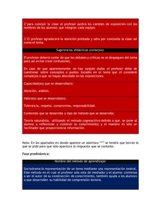 2°para concluir la clase el profesor pedirá los carteles de exposición con los
nombres de los alumnos que integran cada equipo.
3°El profesor agradecerá la atención prestada y adra por concluida la clase así
como el tema.
Sugerencias didácticas (consejos):
El profesor deberá cuidar de que los debates y críticas no se despeguen del tema
para así evitar crear confusiones.
En caso de que aparentemente no hay surgido dudas el profesor debe de
cuestionar sobre conceptos o puntos tocados en el tema que el considere
complejos o que no hayan abordado en las exposiciones.
Capacidad(es) que se desarrolla(n):
Atención, análisis.
Valor(es) que se desarrolla(n):
Tolerancia, respeto, compromiso, responsabilidad.
Contenido que se desarrolla y tipo de método que se desarrolla:
Teoría naturalista, utilizando el método cognoscitivo debido a que, se pone al
alumno a reflexionar y construir su conocimiento; y el maestro es solo un
facilitador que proporciono la información.
Nota: En los apartados en donde aparece un asterisco “*” se tendrá que borran lo
que se pide para que sólo aparezca la respuesta que se conteste.
Fase predinámica:
Nombre del método de aprendizaje:
Sociodrama:la representación de un tema mediante una representación teatral.
Este método en el cual el profesor solo esta de mediador y el alumno comienza
a ser el autor de su construcción de conocimiento, también ayuda a los alumnos
a que desarrollen su habilidad de comprensión lectora.
 